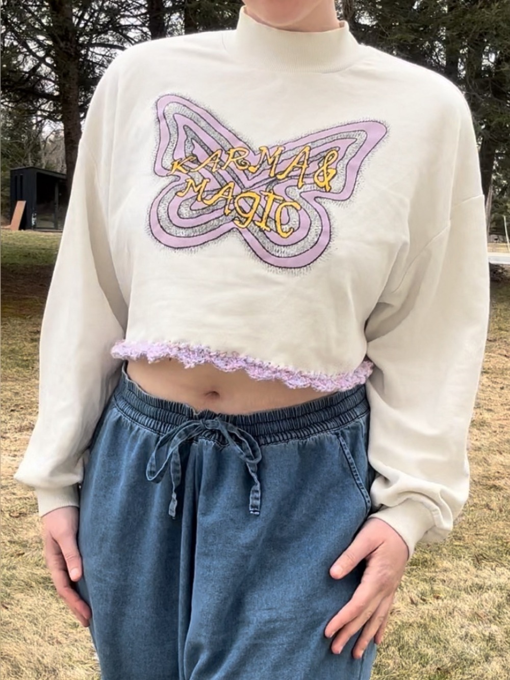 XL Karma & Magic Butterfly Cropped Turtleneck Sweatshirt Custom Crochet Hem